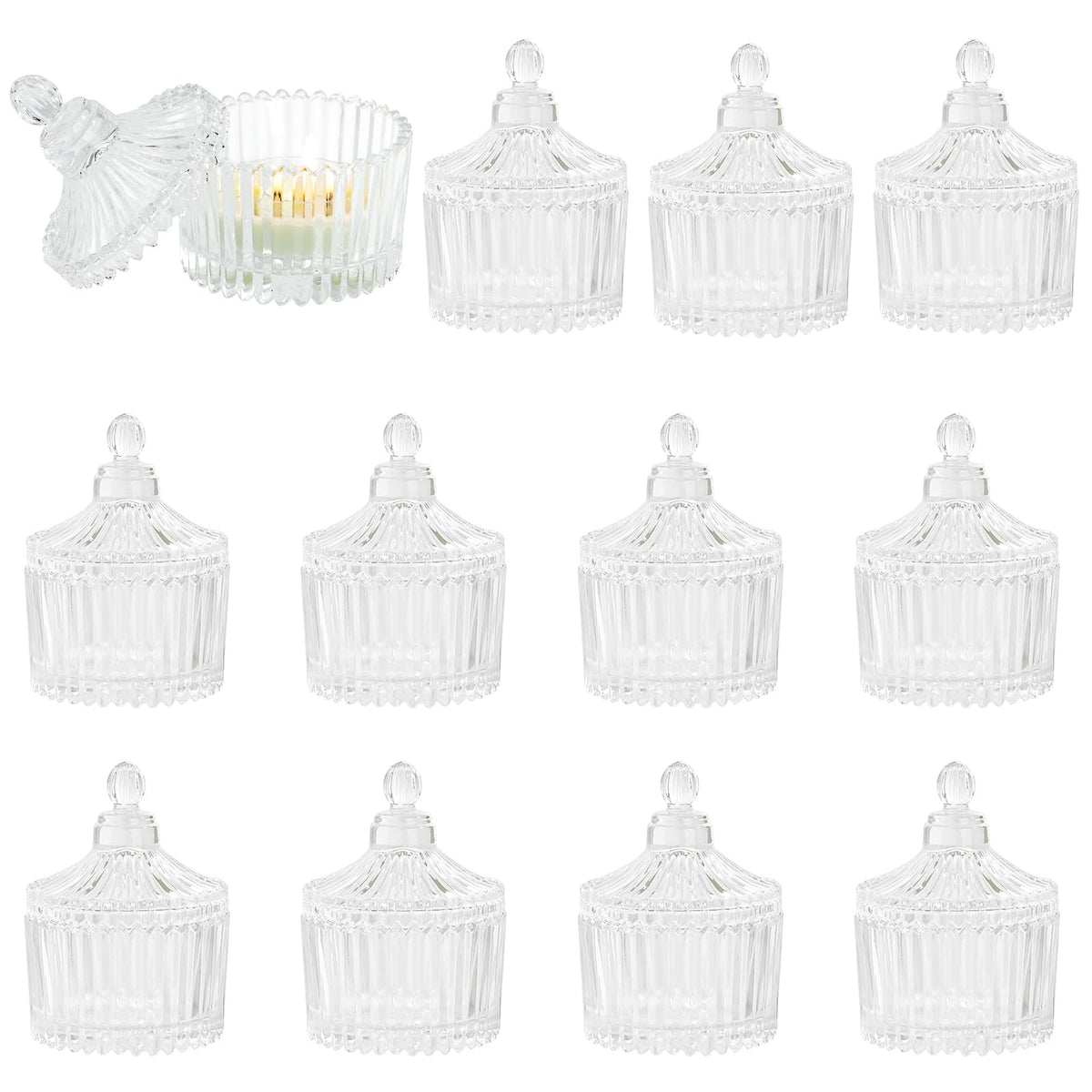 Jollyhilan 12 Pack Candle Holders with Lids,Tealight Candle Holders Pack Alone,Glass Holders for Pillar Candles,Wedding, Home Decor, Candy Glass Storage