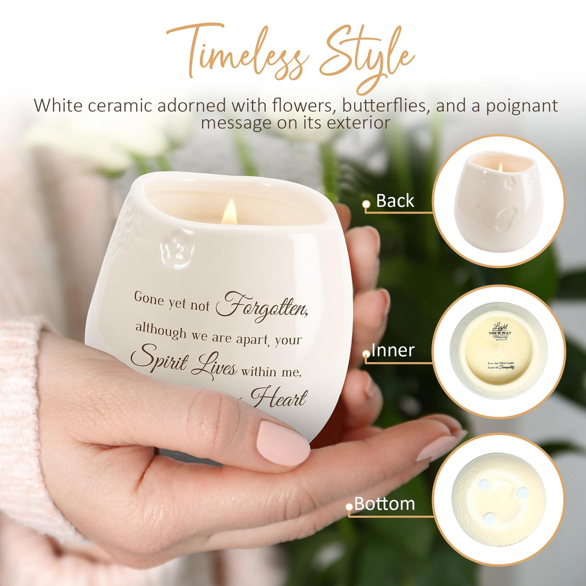 Pavilion - 8 Oz Candle Holder - White Ceramic Candle Jar with 100% Soy Wax Candle Tranquility Scent Gone Yet Not Forgotten Ideal Remembrance Gift for Love One Who Passed - Printed Text & Love Theme