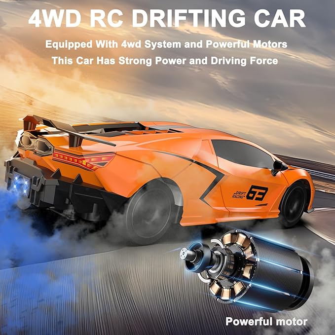Remote Control Car RC Drift Car 1:16 Scale 4WD 18KM/H High Speed Model Vehicle 2.4GHz with LED Lights Spray Rubber Tire Racing Sport Toy for Adults Boys Girls Kids Gift 2Pcs Rechargeable Batteries
