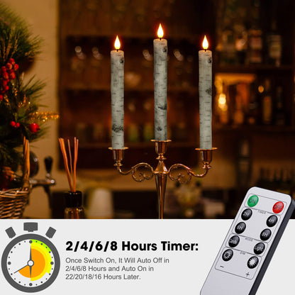 PChero Flameless Taper Candles with Remote Timer, Pack of 3 Birch Bark Real Wax Battery Operated Candlesticks, 9.6 Inches LED Flickering Window Candles for Home Wedding Christmas Decor