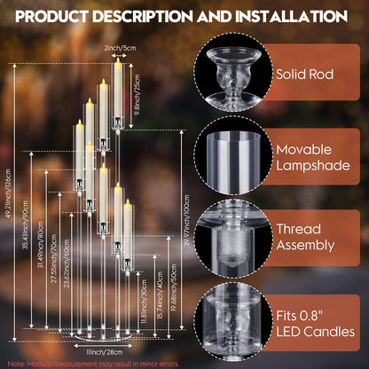 4 Set 8 Arm Acrylic Candle Holder, Mjkeomo 49.2'' Tall Candelabra Centerpieces for Tables Clear Candlesticks Holder for Housewarming Gift Fireplace Halloween Christmas Decor Fit 0.82'' LED Candle