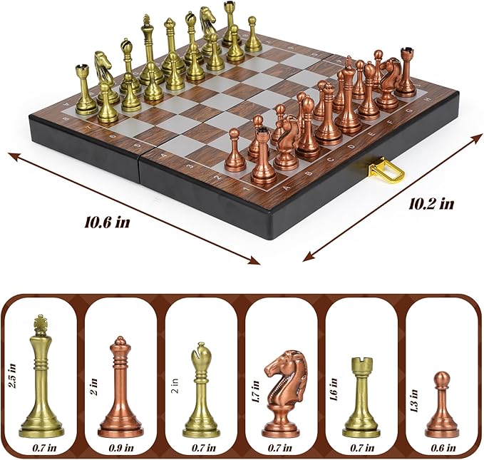 10 Travel Metal Chess Set – Folding Portable Chess Board with Storage Case Weighted Metal Chess Pieces &amp 2 Extra Queens – Mini Chess Game for Kids &amp Adults