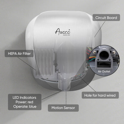 Awoco Heavy Duty Stainless Steel 1450W 120V Automatic High Speed Commercial Hand Dryer, UL Listed (Standard)