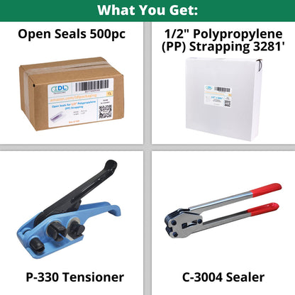 IDL Packaging Portable 1/2" x 3281' Polypropylene (PP) Strapping Kit, 300 lbs Break Strength – Packaging Poly Strapping Solution – Enough Strapping and Seals for 500 Uses Before Refill