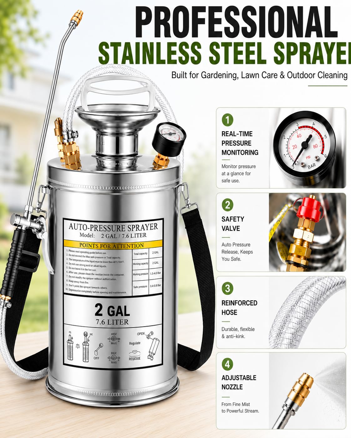 3.5 Gallon Stainless Steel Sprayer, Hand Metal Pump Up Sprayer Reinforced Hose with Pressure Gauge, Safety Valve & Adjustable Nozzle, Garden Weed Sprayers for Lawn, Gardening, Sanitizing