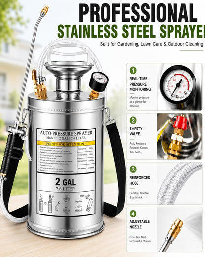 3.5 Gallon Stainless Steel Sprayer, Hand Metal Pump Up Sprayer Reinforced Hose with Pressure Gauge, Safety Valve & Adjustable Nozzle, Garden Weed Sprayers for Lawn, Gardening, Sanitizing