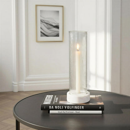 Creative Co-Op Marble Taper/Pillar Candle Holder with Glass Hurricane, White