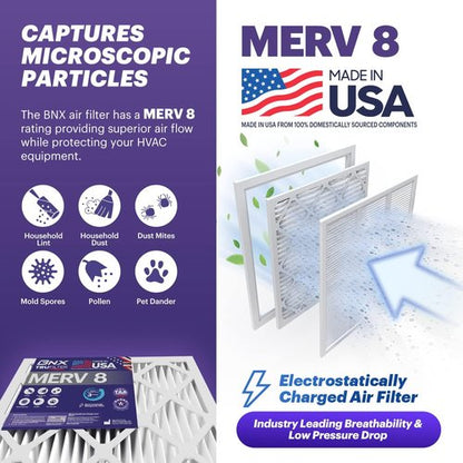 BNX TruFilter 20x20x1 Air Filter MERV 8 (6-Pack) - Made in USA | Electrostatic Pleated HVAC Filters for Dust, Pet & Mold Defense