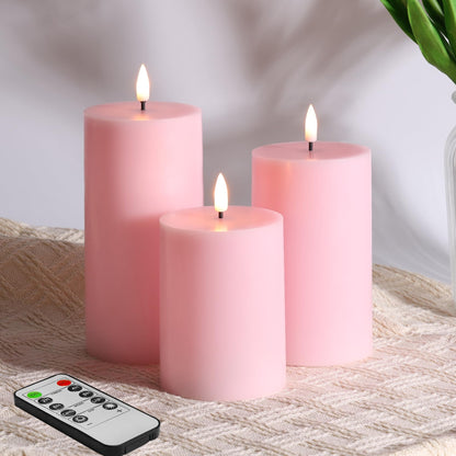 Girimax Pink Flameless Pillar Candles with Remote, LED Candles Battery Operated, Real Wax Flickering Electric Fake Candles Set of 3