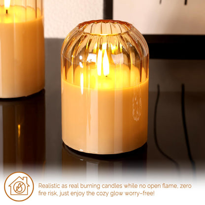 Girimax Gold Glass Flameless Candles with Remote, Real Wax Flickering Battery LED Pillar Candles Set of 3