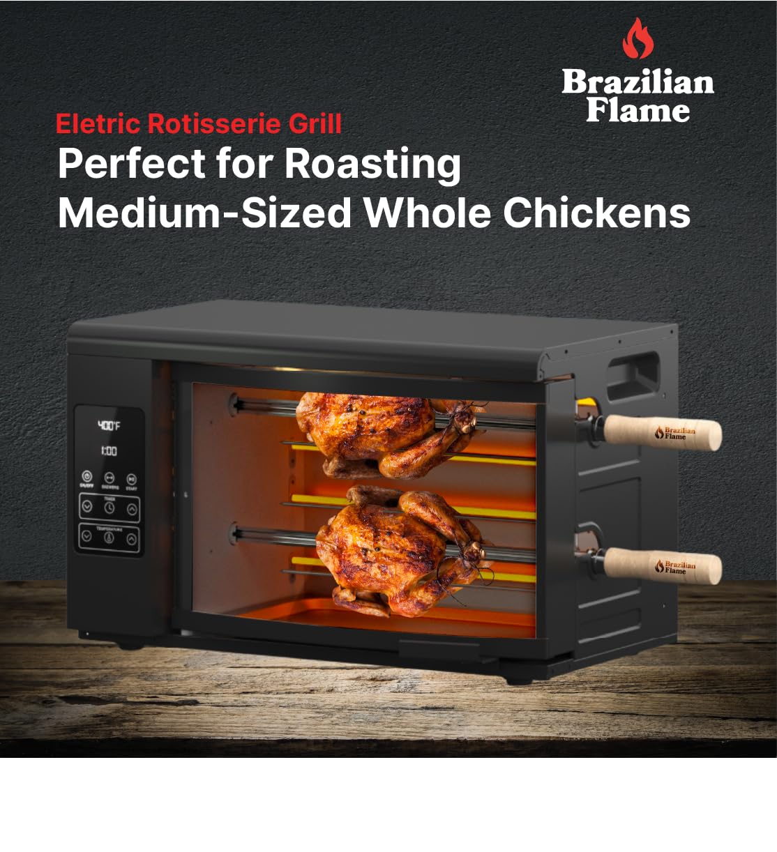 Electric Rotisserie Oven Brazilian Flame VOLTA | Vertical Countertop Grill with Auto-Rotating Skewers Shawarma Grill Machine Meat Kebab | Indoor Adjustable Temperature | 8lb Capacity | World Cup Grill