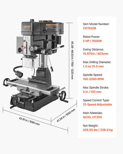 VEVOR 15.875-Inch Mill Drill Machine, 2 HP, Benchtop Milling Drill Press, 150-2560 RPM Adjustable Speed, with Rotating Vise, Laser and Work Light, Milling Drilling Machine, for Woodworking Light Metal