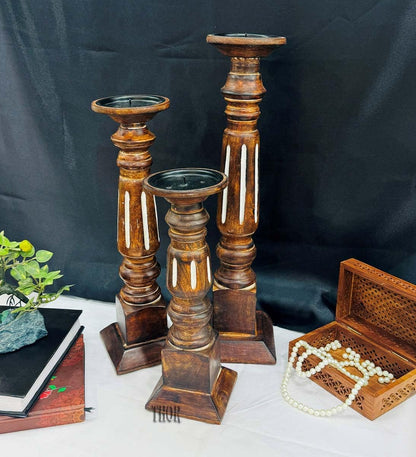 Pillar Candle Holders Set of 3, Candle Holders for Pillar Candle,Mango Wood Candle Holder for Coffee Dining Table, Wedding, Christmas, Halloween, Home Decoration,Brown