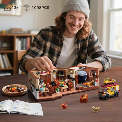 City Street Pizza Restaurant Building Set with Light 1098PCS Pizzeria House Architecture Model with Retro Pizza Van Home Decor Construction Building Block Gift for Adults Teens Boys Girls 10+