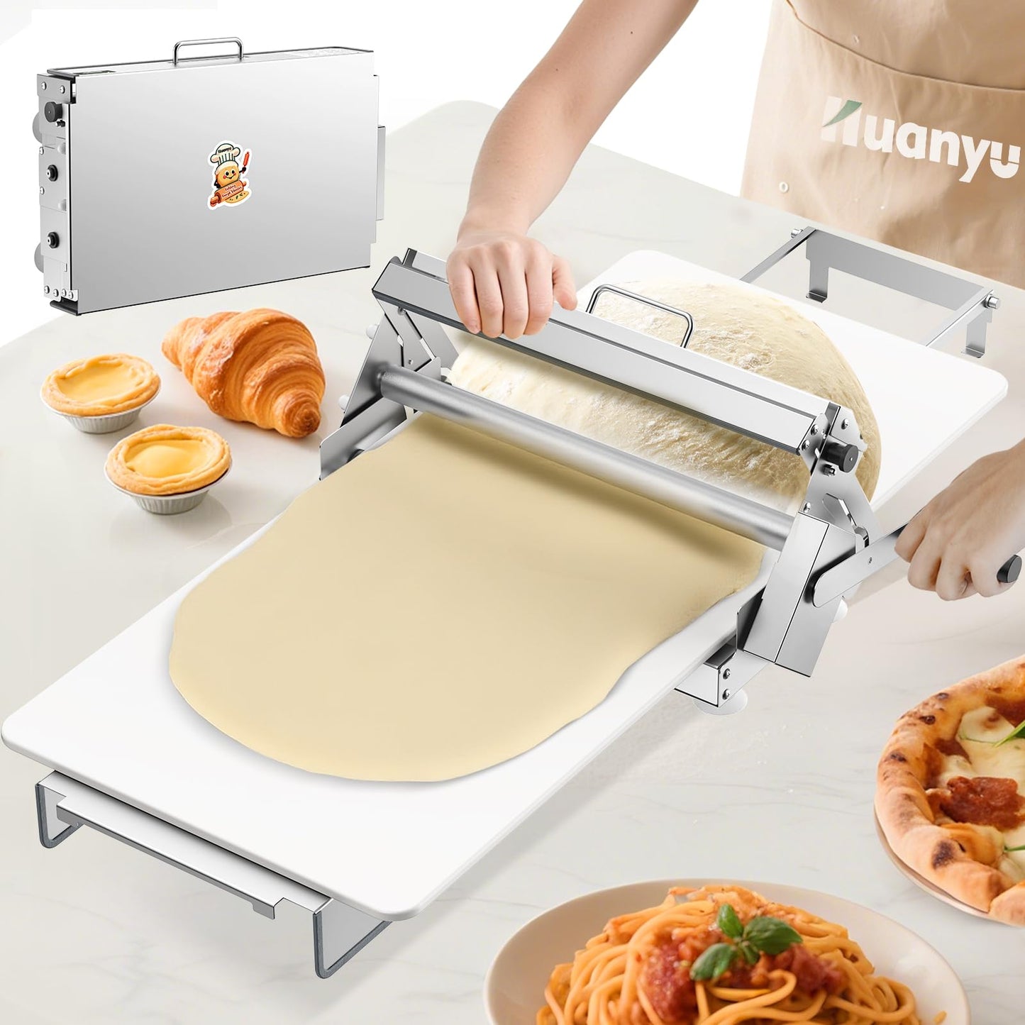 Huanyu Manual Dough Sheeter 15.7”, 10 Adjustable Thickness 0.1mm-17.5mm, Tool-Free Assembly, for Home Bakers & Small Bakeries, Croissant, Pizza, Pasta, Fondant
