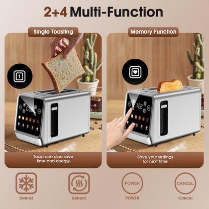 Touch Screen Toaster 2 Slice, Stainless Steel Smart Digital Toasters with Single Slot Toasting, Memory Function, 5 Bread Types & 6 Shade Settings,1.5" Wide Slot, 900W