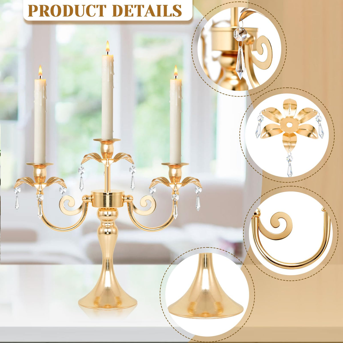 KEHAIL Metal 3 Arm Candelabra with Crystal Pendants - 11.8 Inch Tall Candle Holders, Set of 2 - Elegant Taper Candlestick Stand for Wedding, Dining Table, Christmas Party Home Decoration (2, Gold)
