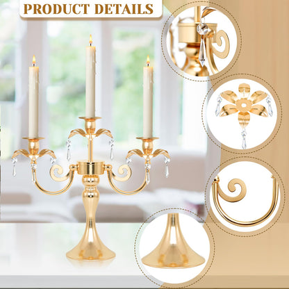 KEHAIL Metal 3 Arm Candelabra with Crystal Pendants - 11.8 Inch Tall Candle Holders, Set of 2 - Elegant Taper Candlestick Stand for Wedding, Dining Table, Christmas Party Home Decoration (2, Gold)