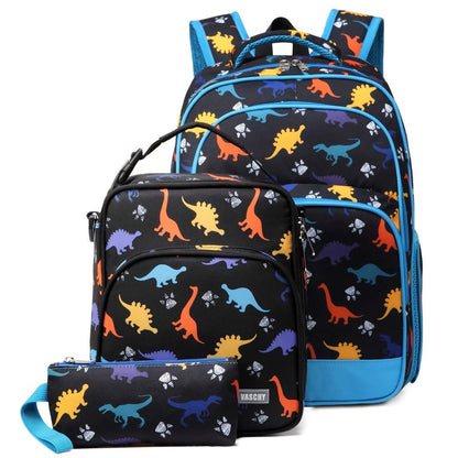 VASCHY Kids School Backpack Lunch Box Bag Pencil Case Combo, Children BookBag Schoolbag Set for Preschool/Kindergarten/Elementry School Supplies Boys Girls Black Dinosaurs