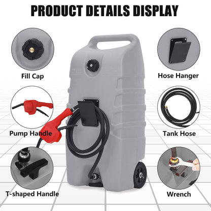 Garvee 14 gal Portable Fuel Tank, Gray Fuel Storage Container with Manual Siphon Pump & 10 ft Hose, Gasoline Diesel Caddy with Wheels, Fuel Transfer Tank for Car, ATV, Boat, Lawn Mower, Generator