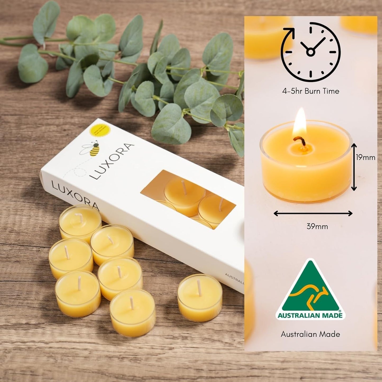 10pc Australian Made Pure Beeswax Tea Lights, 100% Organic Pure Beeswax Tea-Light Candles, 4hr Burn Time, Natural Tealight Candles Stress Relief Gifts for Women, Non Toxic Organic Tealights
