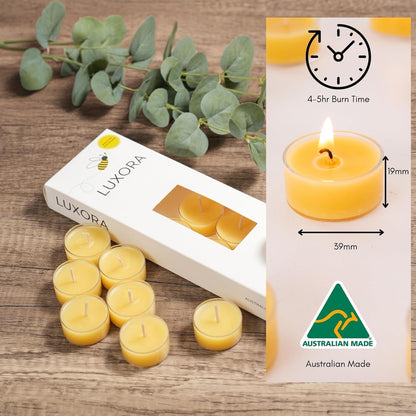 10pc Australian Made Pure Beeswax Tea Lights, 100% Organic Pure Beeswax Tea-Light Candles, 4hr Burn Time, Natural Tealight Candles Stress Relief Gifts for Women, Non Toxic Organic Tealights
