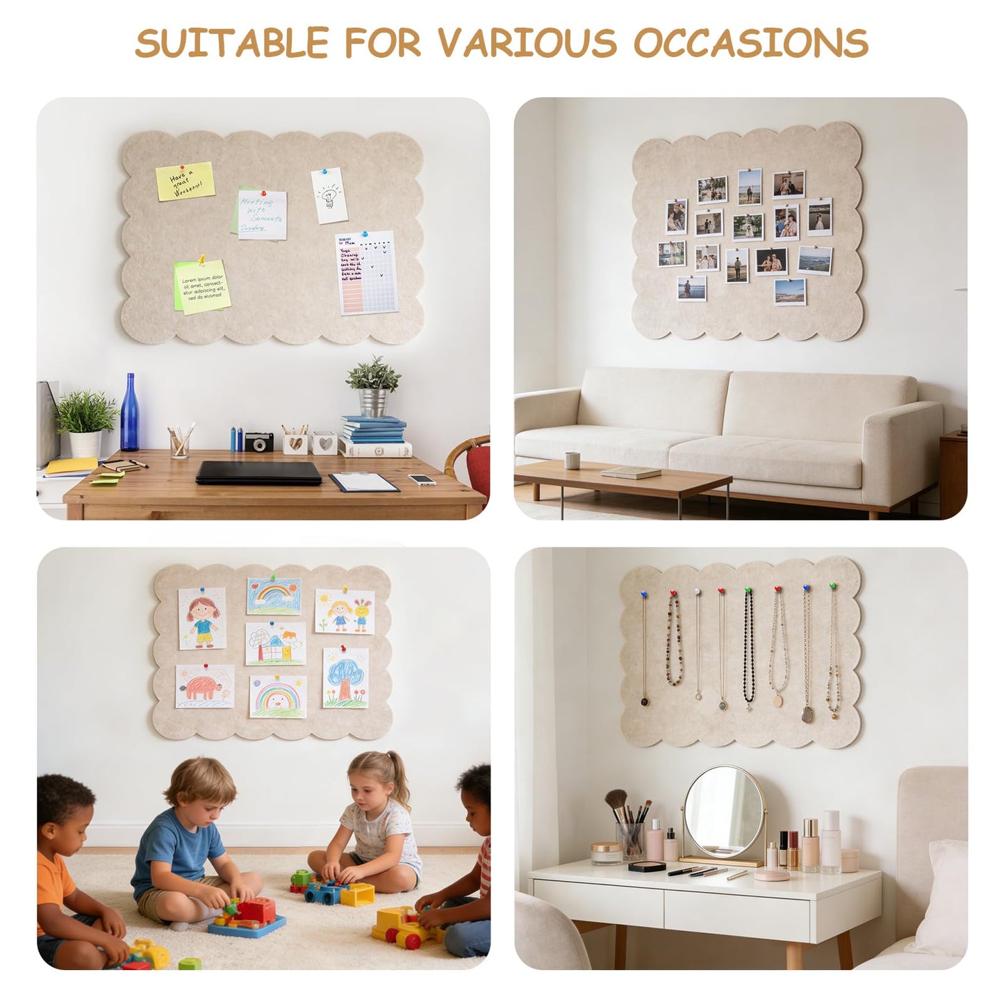 Scalloped Felt Bulletin Board 24" x 18" Cork Board Alternative,Decorative Felt Pin Board Foldable Cork Boards for Walls Self-Adhesive Cork Board for Home Office Classroom Pin Board (Oatmeal) 2pack
