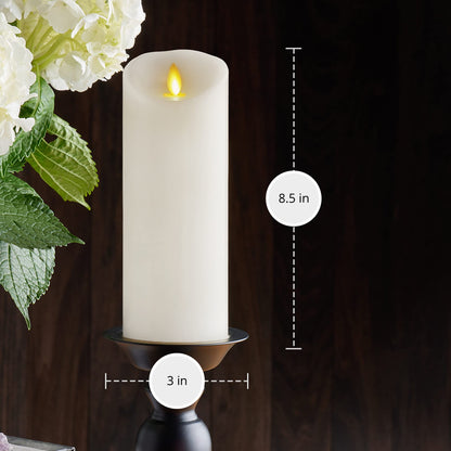 Luminara Realistic Moving Flame LED Candle (3"x8.5") Scalloped Edge Smooth Finish Real Wax Pillar, Battery Operated (2 C) 600 Hr Runtime, Timer, Remote Ready, Unscented - White