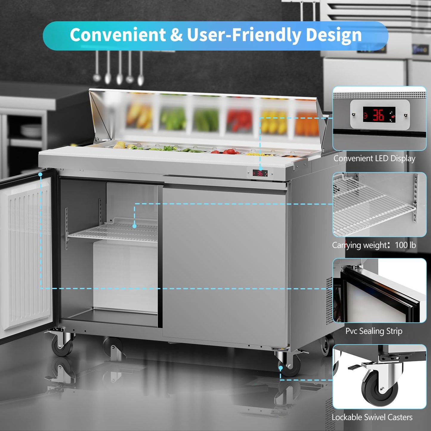 Ferueo 48’’ W Commercial Refrigerator Sandwich Salad Prep Table Refrigerators 2 Door with 12 Pans, Prep Station Fridge for Restaurant, Bars, Shops