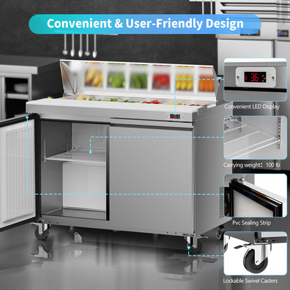 Ferueo 48’’ W Commercial Refrigerator Sandwich Salad Prep Table Refrigerators 2 Door with 12 Pans, Prep Station Fridge for Restaurant, Bars, Shops