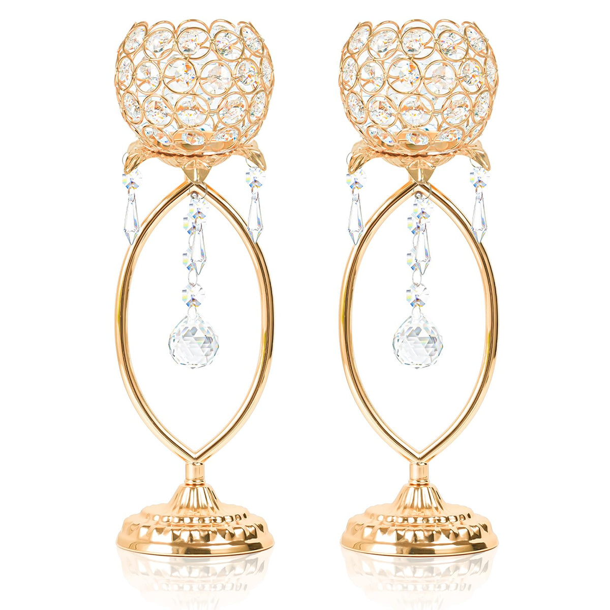kehail 2 Pcs Gold Elegant Metal Crystal Tea Light Candle Holders with Bling Crystal Pendants, Hollow Design - Wedding Table Centerpieces for Anniversary Birthday Party, Home Decor