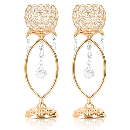 kehail 2 Pcs Gold Elegant Metal Crystal Tea Light Candle Holders with Bling Crystal Pendants, Hollow Design - Wedding Table Centerpieces for Anniversary Birthday Party, Home Decor