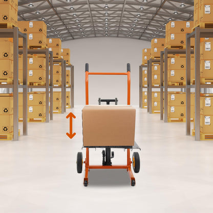 BRICZUNA Hydraulic Material Lift Pallet Truck Dolly Adjustable Forklift Stacker Pallet Jack Hydraulic Material Lift Winch Stacker for Workshops & Warehouses, Tangerine (35.43" H, Max. Load 577 Lbs)