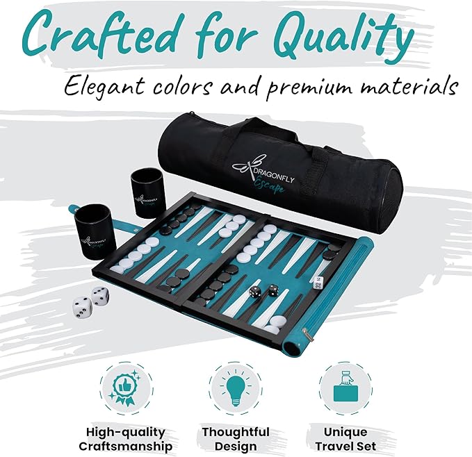 Travel Backgammon Set Deluxe – Roll-Up Board with Magnetic Wooden Frame Dice Cups and Bag - Unique Travel Backgammon Set for Adults