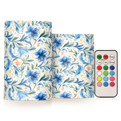 ALAZA Flowers Floral Blue Flickering Flameless Candles Battery Operated with Remote Timer,Tea Light Candles LED Pillar Votive Candles Set of 2 for Outdoor Indoor Decorations