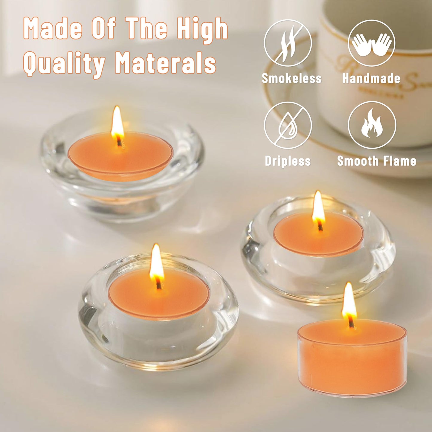 Orange Scented Tea Lights - Handmade Small Round Candles in Transparent Cups, Clean Burning Smokeless 4-Hour Burn, Perfect for Fall Decor, Thanksgiving & Cozy Evenings