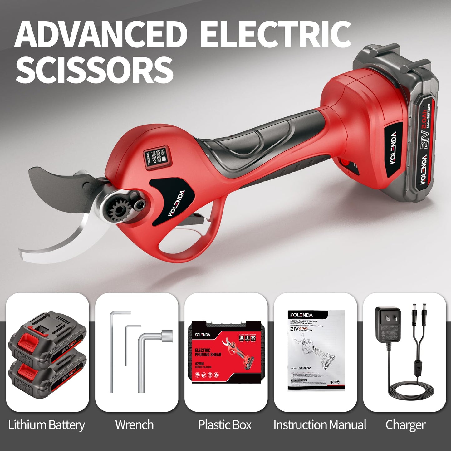 KOLENDA 21V Cordless Electric Pruning Shears 42mm(1.65") Cut Diameter, Battery Powered Pruning Shears with Adjustable Blades, Brushless Motor 2Pack 2AH Rechargeable Battery-LCD Display Screen (6642M）