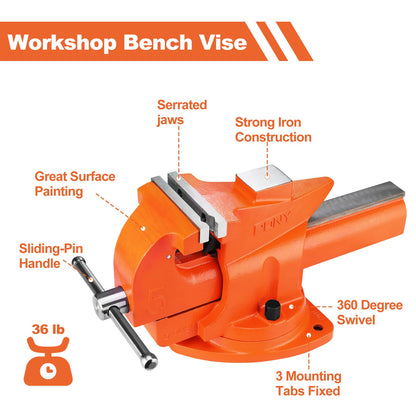 PONY Heavy Duty Bench Vise, 5-inch Jaw Width 7-inch Jaw Opening, 360-Degree Swivel Base with Anvil, Utility Combination Pipe Home Vise for Woodworking, One-Pair Vise Jaw Pad Included
