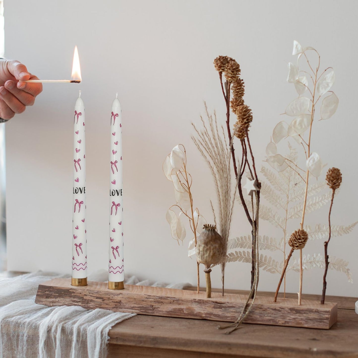 Floral Taper Candles 10 Inch Tall Unscented Handmade Bows and Hearts Print Long Burning Elegant Candlesticks for Wedding Dinner Home Decor