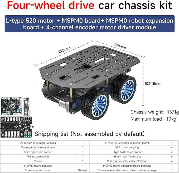 Yahboom 4WD Smart Chassis Car Kit with Aluminum Alloy Chassis520 Encoder Motor65mm WheelsRobotic Moving Platform (Black Unassembled) (Without Battery)