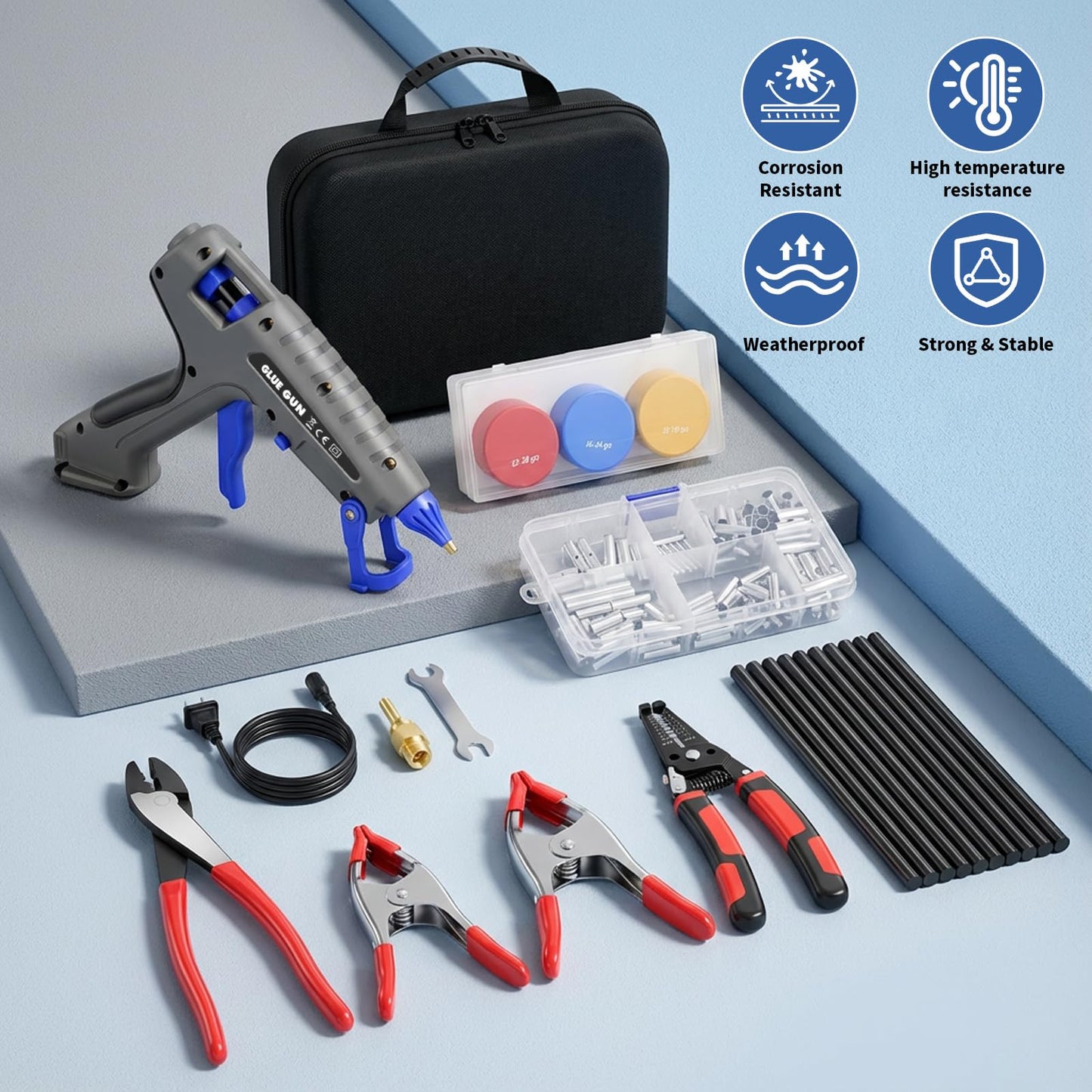 Professional Wire Splice Sealing Kit, Waterproof Wire Connector System with 200W Glue Gun, Sealant Sticks, Wire Stripper and Crimper Tools for Automotive, Marine, Trailer, ATV/UTV Wiring Repair