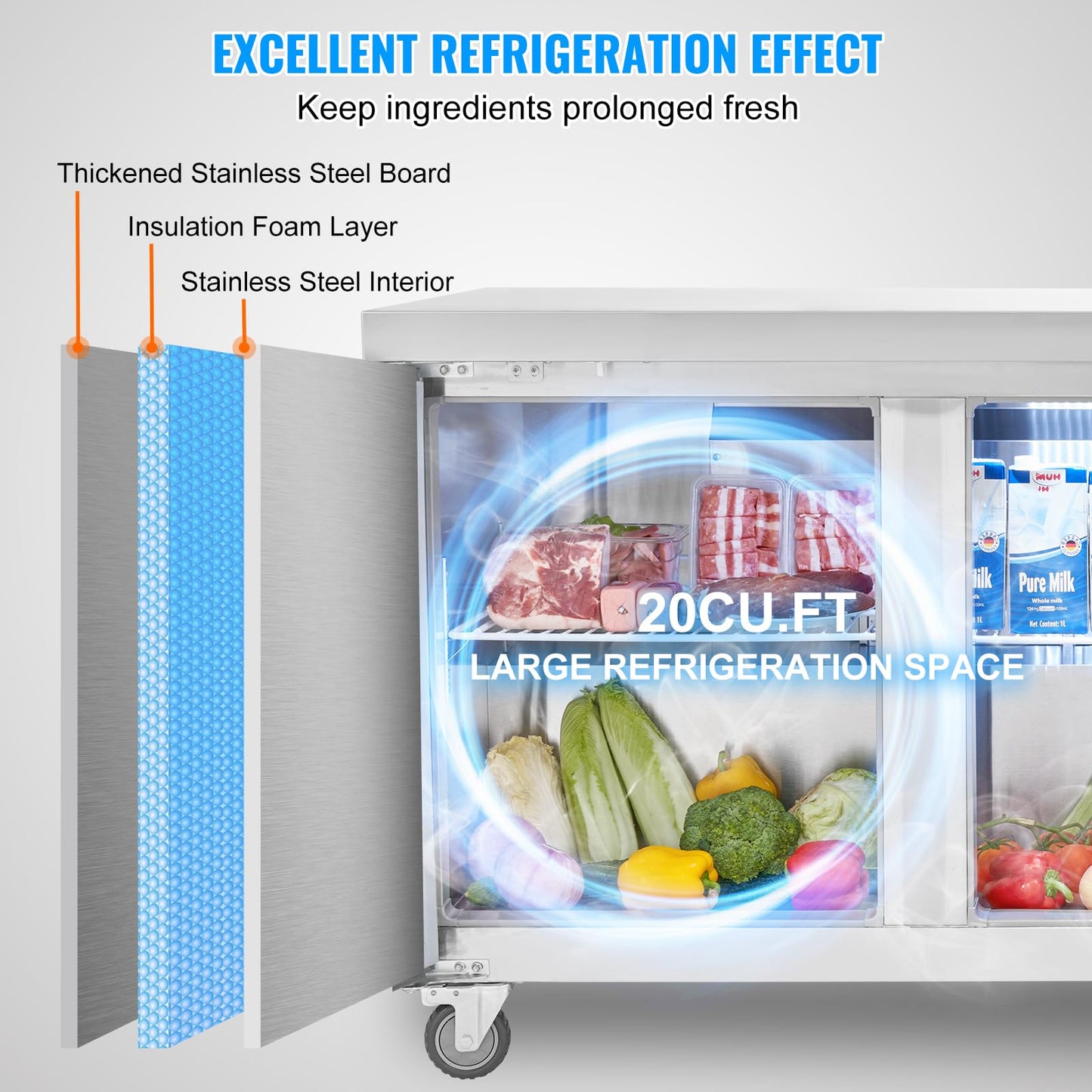 VEVOR 72" Commercial Refrigerator Sandwich & Salad Prep Table, 20 Cu. Ft Stainless Steel Refrigerated Food Prep Station with 3 Doors, Frost Free Refrigerator with Lock for Restaurant, Bar, Store