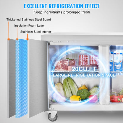 VEVOR 72" Commercial Refrigerator Sandwich & Salad Prep Table, 20 Cu. Ft Stainless Steel Refrigerated Food Prep Station with 3 Doors, Frost Free Refrigerator with Lock for Restaurant, Bar, Store