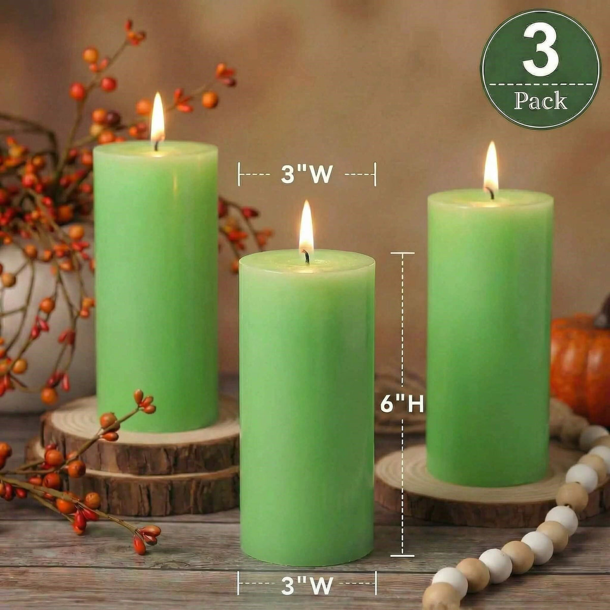 Richland Set of 3 Light Green Pillar Candles 3" x 6" Unscented for Weddings Home Holidays Relaxation Spa Church