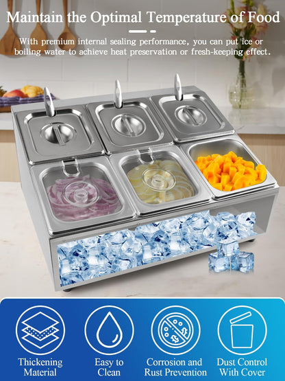 Lanstics 6 Pans Spice Rack Shelf 2 Row Stainless Steel Spice Organizer Stand with Lids Spoons Countertop Inclined Holder Buffet Containers Set for Sauce Jam Fruits Ingredient Kitchen Restaurant Pantry