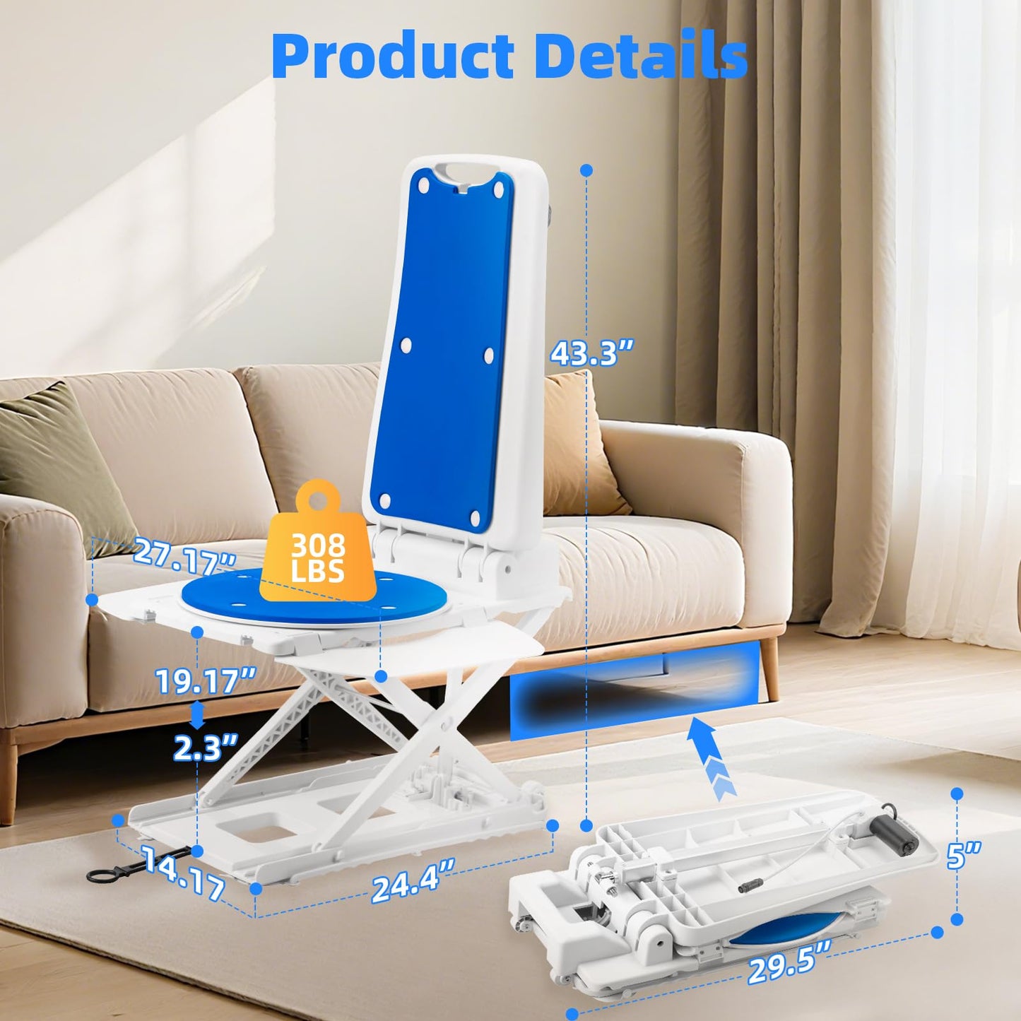 Lift Chair, Chairs Lift Assist Devices for Seniors, Electric Chair Lift Assist for Elderly, Device to Lift Elderly Off Floor, 300 Lbs Capacity, Safety & Waterproof Design, Net Weight 24 Lbs (Blue)