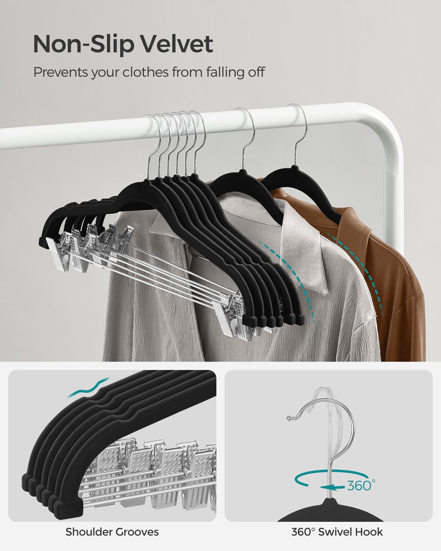 SONGMICS 30-Pack Pants Hangers, 16.7-Inch Long Velvet Hanger with Adjustable Clips, Heavy-Duty, Non-Slip Skirt Hangers, Space-Saving for Pants, Skirts, Coats, Dresses, Black UCRF12B30