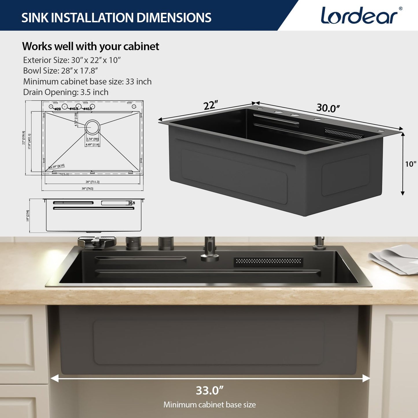 Lordear 30 Drop In Kitchen Sink with Faucet 30x22 Inch Black Waterfall Kitchen Sinks Topmount Stainless Steel 16 Gauge Single Bowl Workstation Kitchen Sink With Faucet Combo