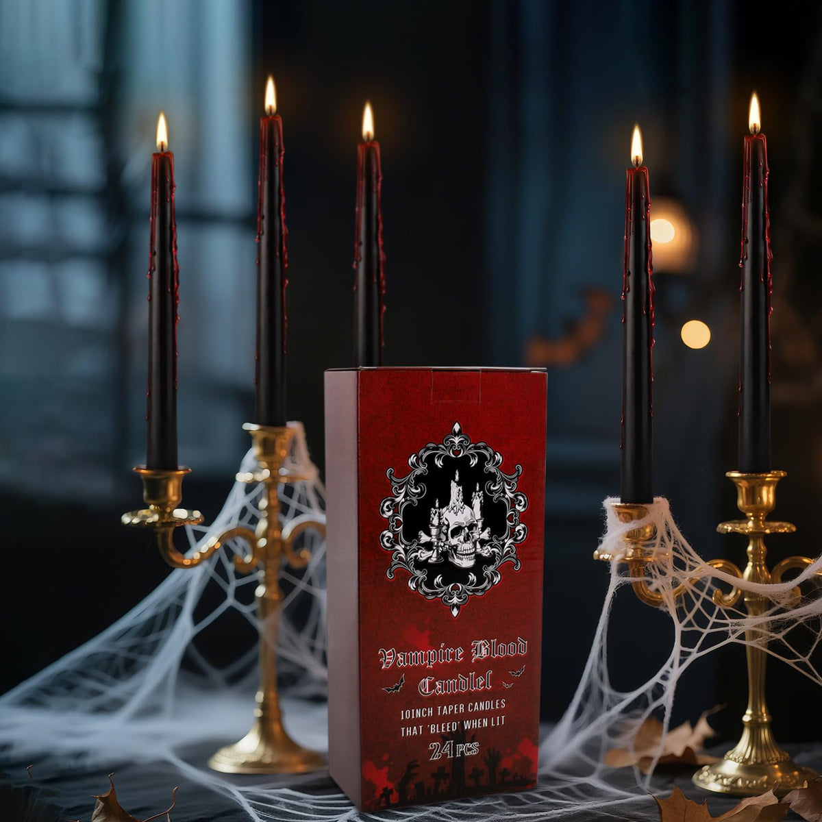 24 Pack Vampire Tears Taper Candles, 10 inch Tall Bleeding Candles, Unscented Black Tapered Candlesticks, Spooky Blood Drip Candle Set for Halloween Party Gothic Home Decorations