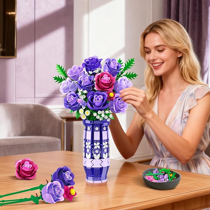 Purple Roses Flowers Building Set with Vase &amp LED Light 17 Mini Flowers Bouquet Building Blocks Toy for Adults Artificial Flowers for Home Office Decor &amp Display Gifts for Women &amp Men